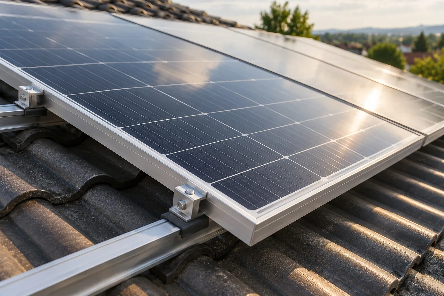 Nahaufnahme eines Solarmoduls mit Rahmen und Befestigung auf einem Ziegeldach